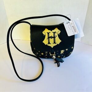 NWT Harry Potter Hogwarts Celestial Black and Gold Print Saddle Bag Purse